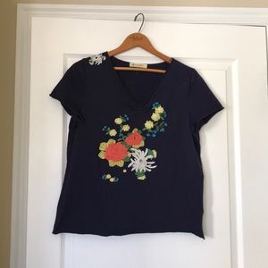 Navy blue and floral embroidered tee